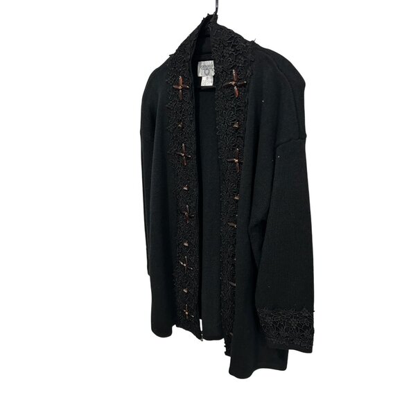 Black Open Front Cardigan Sweater Decorative Buttons Lace Trim Cervelle Sz Mediu - Picture 3 of 9